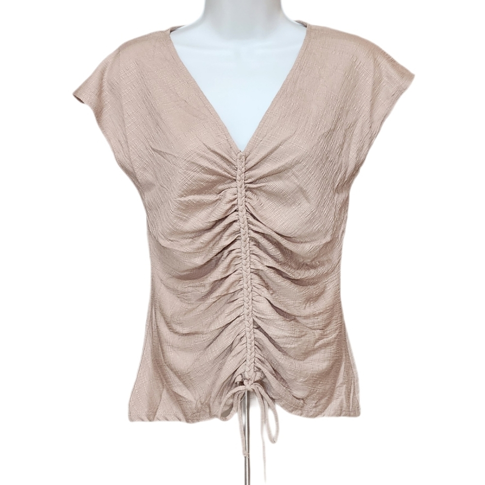 Max Studio London Women's V-neck Center Cinch Blouse Top Cap Short Sleeve L